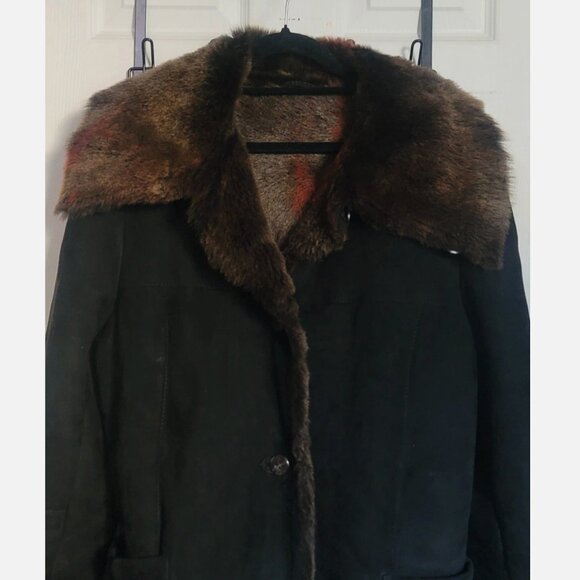 Shearling Sheepskin Wool Fur Coat Jacket Black Women L 40 Overcoat Pea Coat - Picture 6 of 15